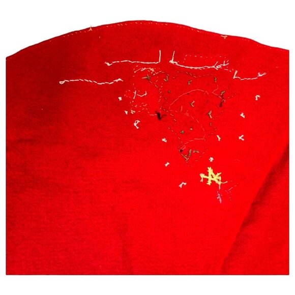 Vtg Red Felt Christmas Tree Skirt 34" Snowman Reindeer Sequin Embroidery Decor - Picture 8 of 12